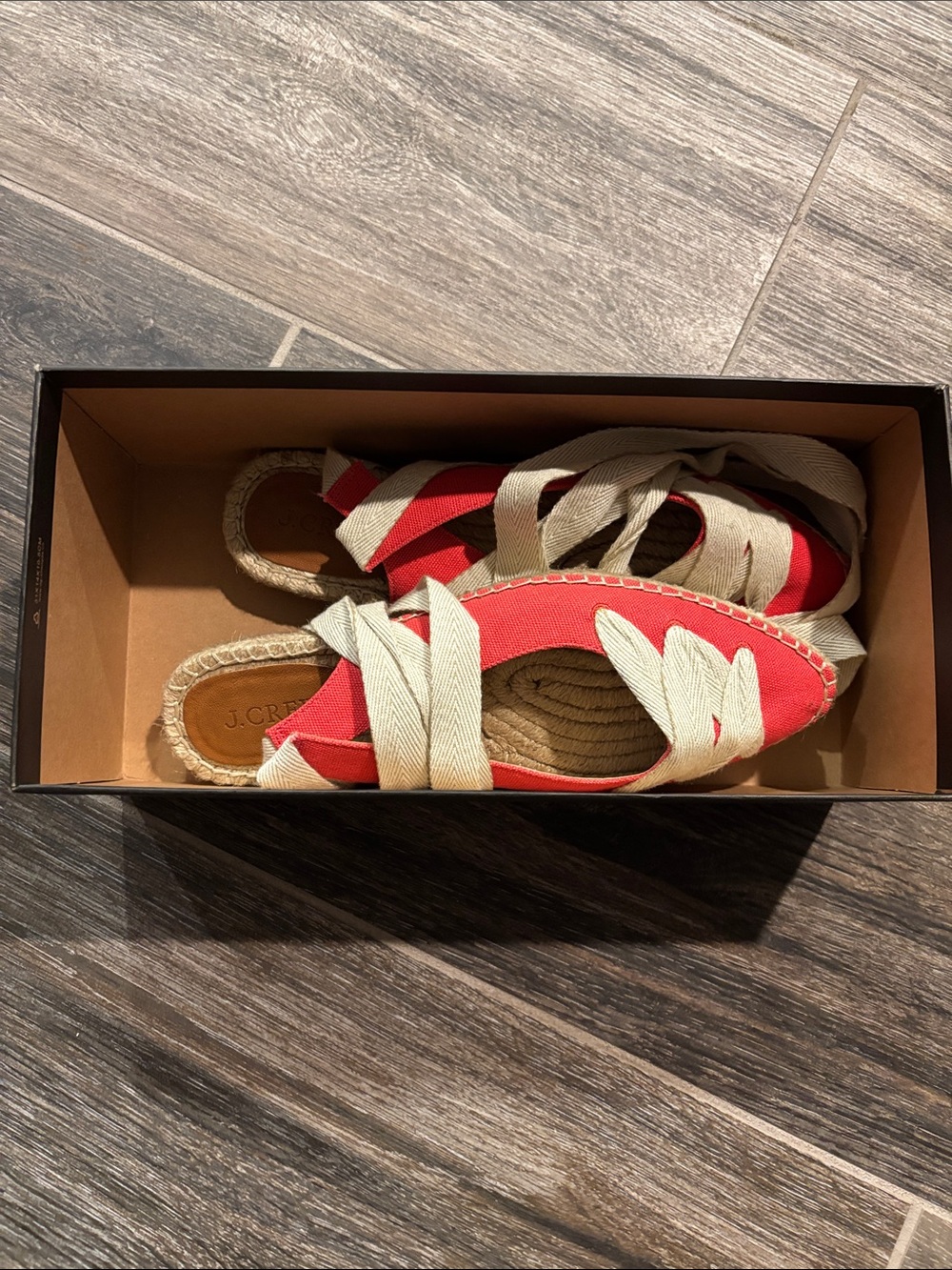 J. Crew Red Canvas Espadrille Wrap Sandals with Cream Ties
